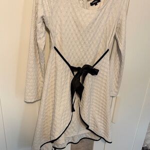 Textured White Dress with Black Sash